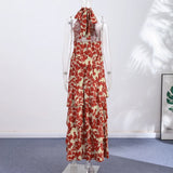 Pbong   Sexy Printed Women's Dress Fashion Halter Hollow Out Sleeveless Female Dresses Summer Holidays Vacation Lady Robe New