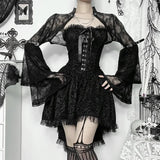Y2K Gothic Black Lace Mesh See Through Flared Sleeve Smock Vintage Elegant Aesthetic Chains Women Fashion Tops Autumn