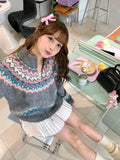 Women Fair Isle Sweater Cardigan Cute Pink Cozy Chunky Knit Collared Zip-up Sweater Jacket Teen-girl Fall Winter 90s Outfit