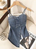 Pbong  Coquette Comisoles Sleeveless Denim Tops Sexy Women Summer Jeans Tanks Crop Top Removable Strapless Cowboy Bustier Corset