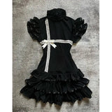 Pbong  French Vintage Black Lace Dress Women Sweetheart Ruff Sleeve Slim Dress Patchwork Harajuku Y2K Summer A Line Mini Dress