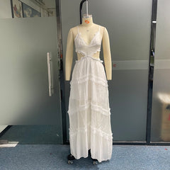 Women Maxi Dresses Summer White Chiffon Solid V-neck Strap Backless Long Elegant Vintage Bridesmaid Wedding Dresses
