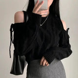 Pullovers Woman Cut-out Shoulder with Bow Long Sleeve Crew Neck Crop Sweater Cable Knit Cut-out Jumper Knitted Top Y2K