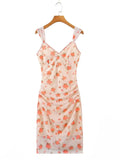 Pbong  Sexy Small Flower Print Deep V neck Mesh Sling Dress Woman Ruched Package Hips Spaghetti Strap Mini Party Dresses Bodycon