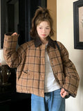 Warm Vintage Plaid Parkas Women Loose Long Sleeve Winter Thick Cotton Coat Korean Casual Pockets Cute Sweet Jacket Tops New