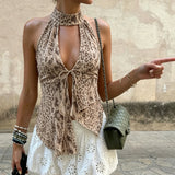 Pbong  Vintage Leopard Print Deep Halter V-Neck Camisole Sexy Backless Design Irregular Hem Chic Tops Women's Summer Soft Mesh Clothes