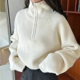 Women's Loose Knitted Pullovers Half Zipper Autumn and Winter Turtleneck Sweaters Casual Comfortable Full Sleeve Top