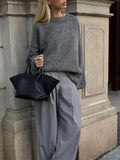 Autumn Blue Solid Mohair Loose Knit Sweater Women Elegant O-neck Long Sleeve Knitting Pullover Lady Casual Street Knitwear