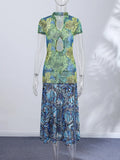 Pbong  Sexy Print Hollow Out Women's Dress Pleated Patchwork Hip Package Sleeveless Female Dresses Summer Party Lady Robe New