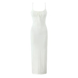 Eyelets Knit Tight Long Dress White Solid Color Women Dress For Summer Spring Square Collar Sleeveless Sexy Beach Party Dresses