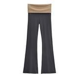 Pbong  Casual Yoga Pants Women ContrAst Wide Waistband Knitted Flare Leg Pants Pink Flared Leggings Sweat Black Pants Colorblock Ribbed