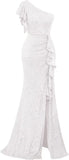 Pbong  Sequin Ruffle Formal Dresses One Shoulder Mermaid Evening Gown Sparkly Long Maxi Dress with Slit