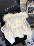 Pbong  Korean Luxury Faux Fur Off Shoulder White Shirt Women Backless Chain Straps Sexy Basic Blouse Female Button Up Aesthetic Top