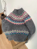 Women Fair Isle Sweater Cardigan Cute Pink Cozy Chunky Knit Collared Zip-up Sweater Jacket Teen-girl Fall Winter 90s Outfit