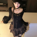 Autumn Winter American Vintage Spliced Girl Tops with Scarf Japan High Street Y2k Aesthetic Tiered Skirt Harajuku Punk Moda Sets