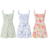 Pbong  Women's Elegant Flower Print Low Cut Tie-Up Sleeveless Cami Bodycon Corset Short Dress Summer Backless Party Clubwear