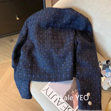 Women's Short Jacket 2025 Spring Autumn Navy Blue Fashion Lady Outerwear Temperament Long Sleeve Ladies Small Fragrant Coat