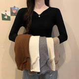 Pbong  French Style Slim Fit V Neck Knitwear Long Sleeve Womens Base Layer Black Sweater Autumn Winter Shirt