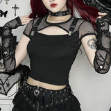 Goth Dark Mall Gothic Fishnet Patchwork Blouses Hollow Out Sexy Grunge Aesthetic T-shirts Punk Short Sleeve E-girl Alt Crop Tops