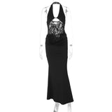 Sheer Lace Hollow Out Sexy Maxi Dress For Women Gown Halter Deep V Neck Sleeveless Backless Bodycon Long Dress