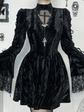 Mall Goth Fairycore Gothic Dress Women Aesthetic Lace Patchwork Flare Sleeve High Waist Dress Halloween Dark Partywear