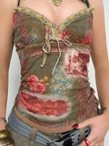 Plant And Floral Print Vintage Y2K Aesthetic Mesh Camisole Women Tie Lace Trim Cute Kawaii Clothes