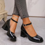 Pbong  Ankle Strap Chunky Heel Mary Janes Pumps Women Fashion Black Patent Leather Dress Shoes Woman Elegant Round Toe High Heels Pumps