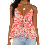 Womens Floral Ruffles Trim Camis Top Y2k V Neck Open Front Crop Tops Vest Beach Vacation Going Out Teen Girls Summer Tank Tops
