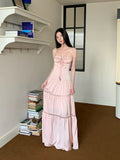 Pink Satin Backless Maxi Dress For Woman Shirring Beading A Line Long Tube Dress 2025 Summer Vacation Clothes