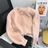 Korean Simple O-neck Single-breasted Imitation Mink Velvet Knitted Sweater Casual Loose Soft Pearl Buttons Cardigan Women