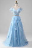 Pbong  High Quality  V-neck Backless Feathers Floor Length Blue Appliques Lace Belt Thin Suspenders Sleeveless Party Dresses