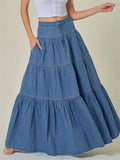 Pbong  Women's Denim Long Skirt High Waist Layered Ruffle Flowy A-Line Jean Skirt for Summer Fall