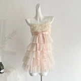 Pbong   Handmade Rose Bow Tie Spaghetti Strap Dress Women Tierred Mini Dress Evening Party Short Dress Vestidos Mujer Summer Trendy