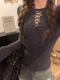 Half Lace Up Sweater for Women Long Sleeve Slim Fit Knitted Tops Pullovers Femal Lace-up Jumper Autumn Winter Y2K Outfit
