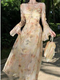 Autumn Women Printed A-line Long Dresses Elegant Flare Sleeve V-neck Dress Vintage Casual Birthday Vestidos Female Clothes New