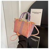 Pbong  Fashion Colorful Woven Mini Tote Bag with Drawstring Closure Lightweight Large Capacity Crossbody Purse for Summer Beach Outings