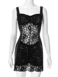Lace See Through Sexy Mini Dress For Women Robe Spaghetti Strap Square Collar Sleeveless Ruched Bodycon Club Dress