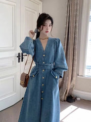 Dresses for Women Autumn V-Neck Temperament Cowboy Dresses LOOSE Solid Robe Korean Fashion Versatile A-line Long Dress