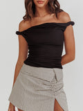Women Off Shoulder Top Sleeveless Twist Strap Tank Tops Slim Fit Stretch Ruched Crop Top Casual Slim Fit Shirts Streetwear