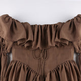 Brown Pleated Off Shoulder Ruffles Patchwork Sundress