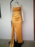 Sexy Spaghetti Strap Draped Long Bodycon Dress Summer Women V-Neck High Split Backless Dress Elegant Evening Party Club Dress