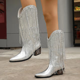 Pbong  Glittering Silver Cowboy Boots with Long Tassels, Pointed Toe Western Boots, Chunky Low Heel Biker Style