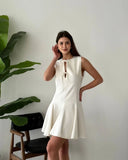 Pleated Tank Mini Dress For Women Bows Lace Up Hollow Sleeveless A-line Dress Fashion Commuting Clothes Solid Lady Dress