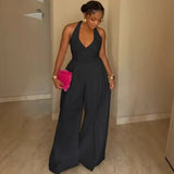 Sexy Halter Backless Wide Leg Jumpsuit Woman Sleeveless V-neck Elegant Romper Corset High Waist One Pieces Overalls Club Outfits