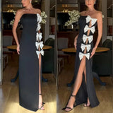 Pbong  Strapless Floor Length High Fork Bow Sleeveless Vestidos Elegantes Para Mujer Para Una Boda Dress Women