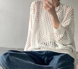 Women Mesh Top Oversized Long Sleeve T-shirts Crew Neck Loose Casual Knit Tees See-Through Openwork Knit Top Women Spring Summer