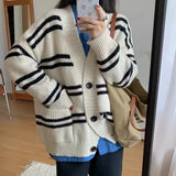 Women Cardigan Sweater Striped V-neck Button-up Sweater Jacket Comfy Cozy Slouchy Cardi Autumn Winter Casual Outfit