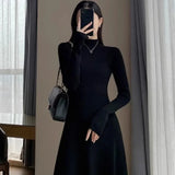 Pbong  Women's Knitted A- Line Mini Dress Hepburn Little Black Dress Autumn Winter Inner Wear Slimming Base Layer Skirt For Coat