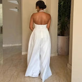 Sexy Halter Backless Wide Leg Jumpsuit Woman Sleeveless V-neck Elegant Romper Corset High Waist One Pieces Overalls Club Outfits