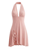 Pbong  Vacation Pink Backless Mini Dress Female Plunge Neck Sleeveless Slimming Asymmetrical Hem for Urban Street Style
